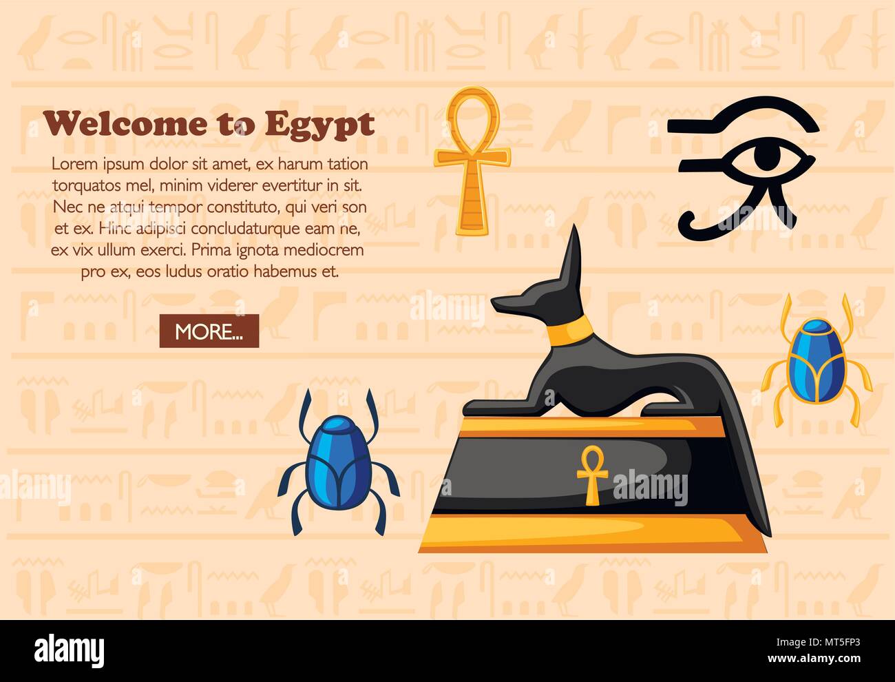 Benvenuti in Egitto. Concetto di viaggio. Antichi simboli egiziano e decorazione. Icone piatta illustrazione vettoriale geroglifici su sfondo di texture. Sito Web Illustrazione Vettoriale
