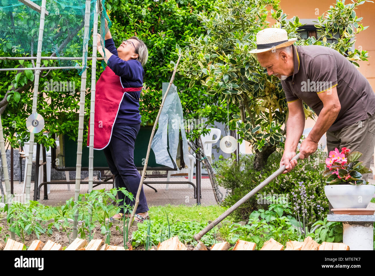 Senior coppia caucasica lavoro a casa sul jardin per rendere il cibo crudo ingredienti vegetali e prendersi cura di loro naural e uno stile di vita sano diong f Foto Stock
