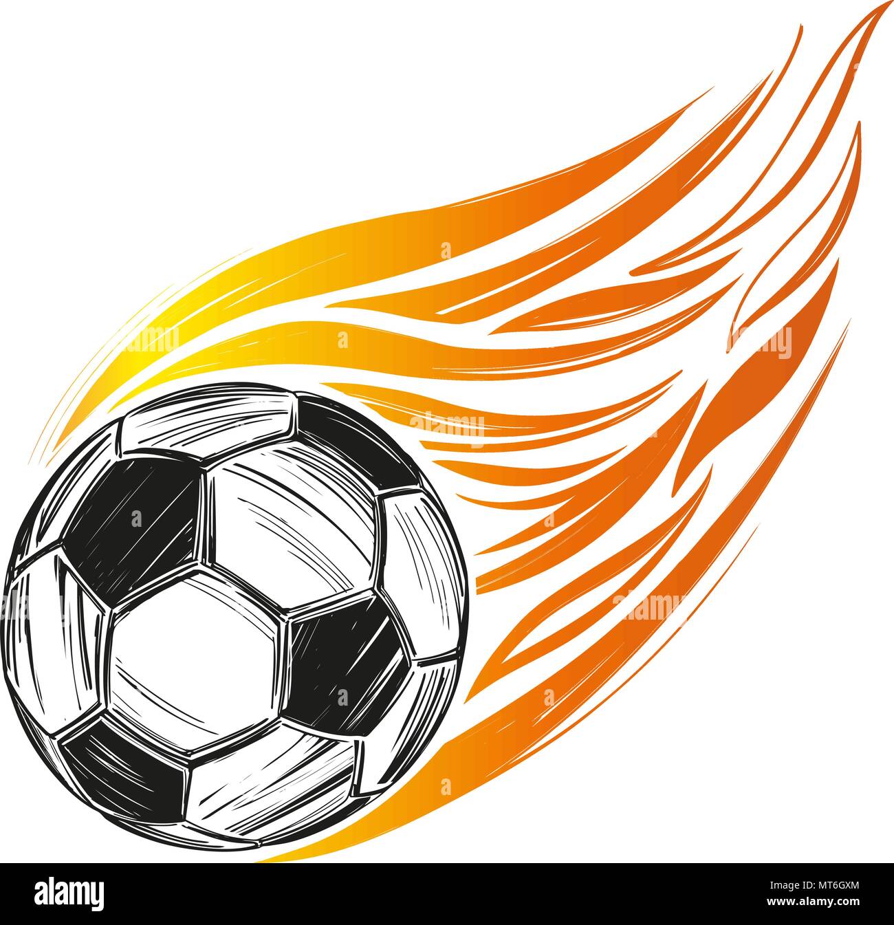 Calcio, pallone da calcio fiamma, gioco di sport, emblema di segno disegnato a mano illustrazione vettoriale schizzo Illustrazione Vettoriale