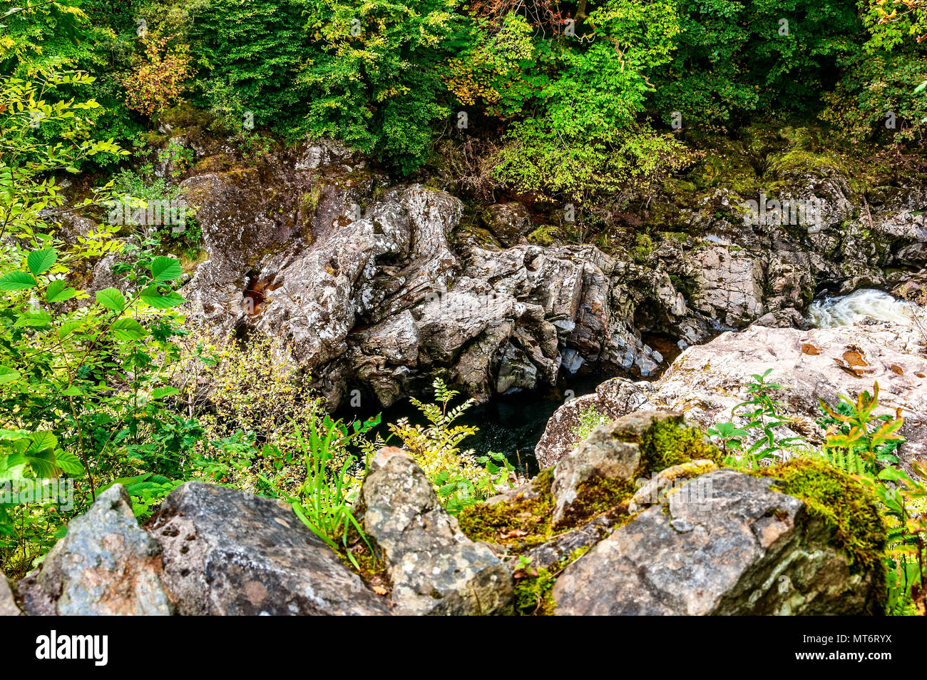 Lastre di roccia ignea angolare guardando le rocce si trovano in angoli uno sull'altro in corrispondenza di ciascun lato del veloce che scorre il fiume Garry sostenuta da fogliame verde marrone di tornitura Foto Stock