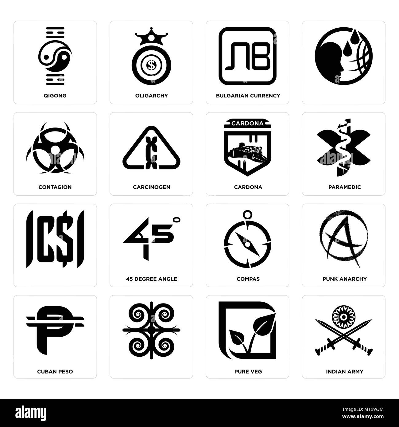 Set di 16 semplici icone modificabili quali esercito indiano, puro veg, , peso cubano, punk di anarchia e di Qigong, Contagio, cardona può essere utilizzato per il mobile, l'interfaccia utente web Illustrazione Vettoriale