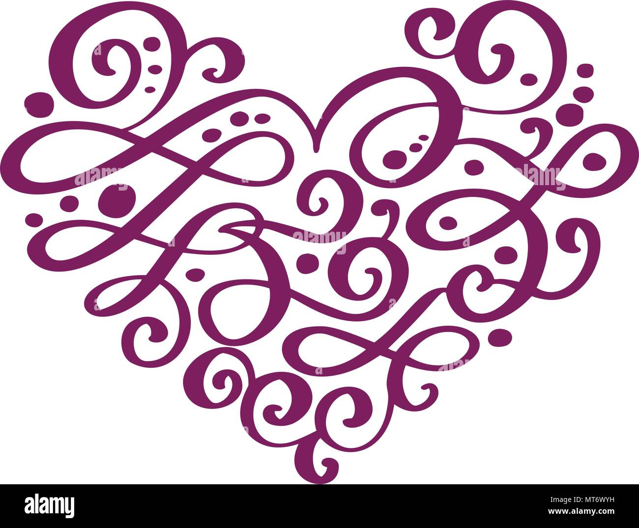Disegnata a mano cuore amore valentine fiorire la calligrafia di separazione degli elementi di progettazione. Vettore di nozze vintage illustrazione isolati su sfondo bianco telaio, cuori per il tuo design Illustrazione Vettoriale