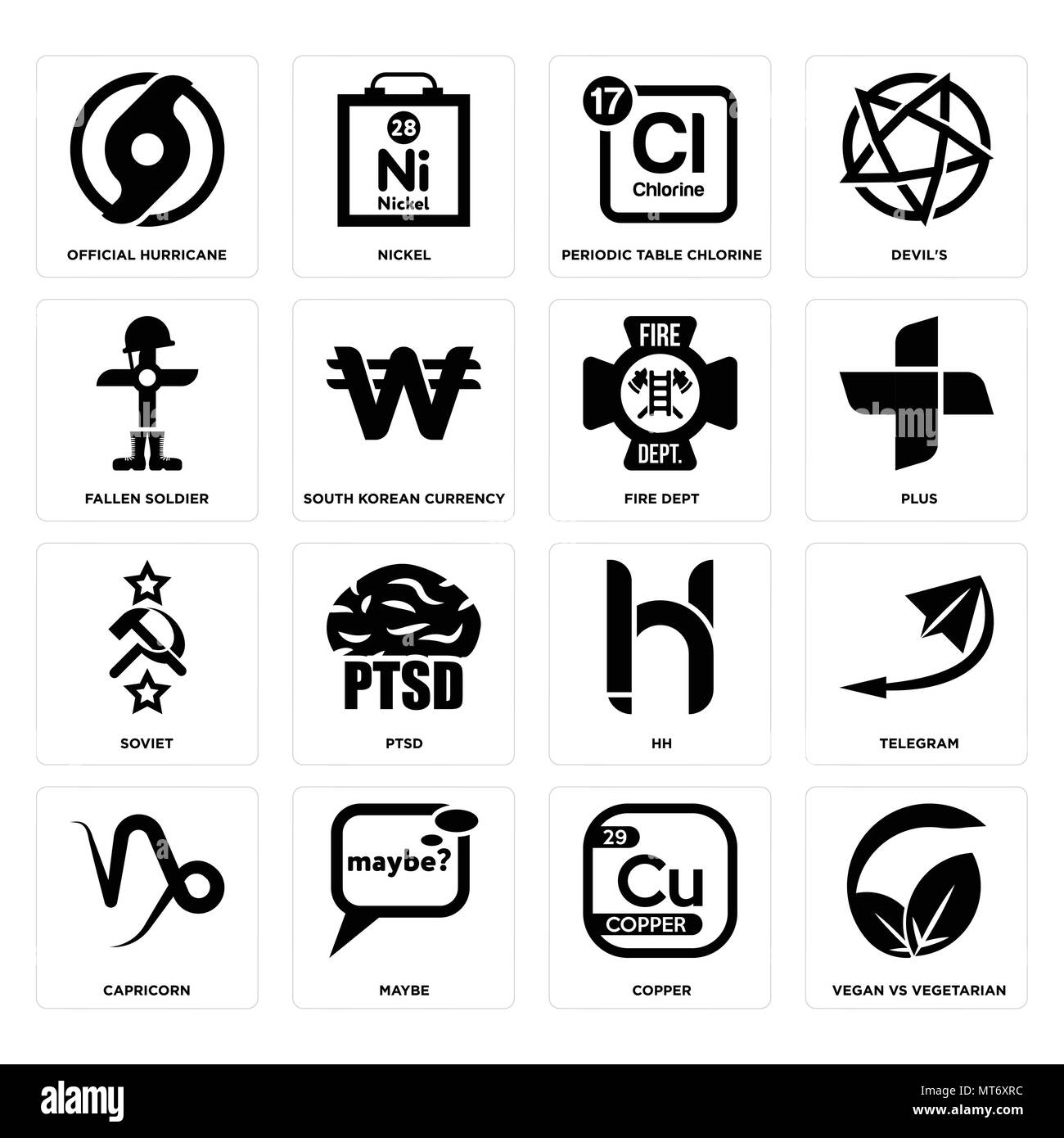 Set di 16 semplici icone modificabile come vs Vegana Vegetariana, rame, forse, capricorno, telegramma, ufficiale uragano, caduti soldato sovietico, fire dept Illustrazione Vettoriale