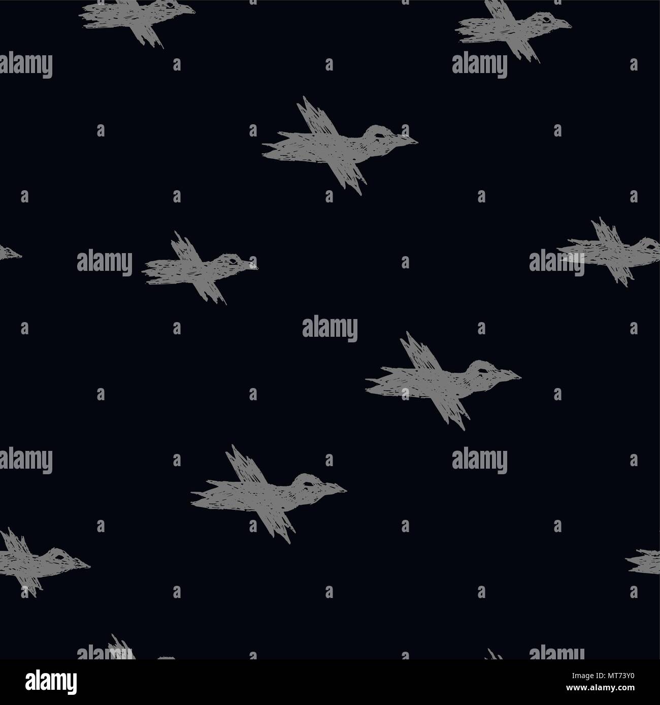 Vector seamless pattern con disegno grigio corvi su nero Illustrazione Vettoriale
