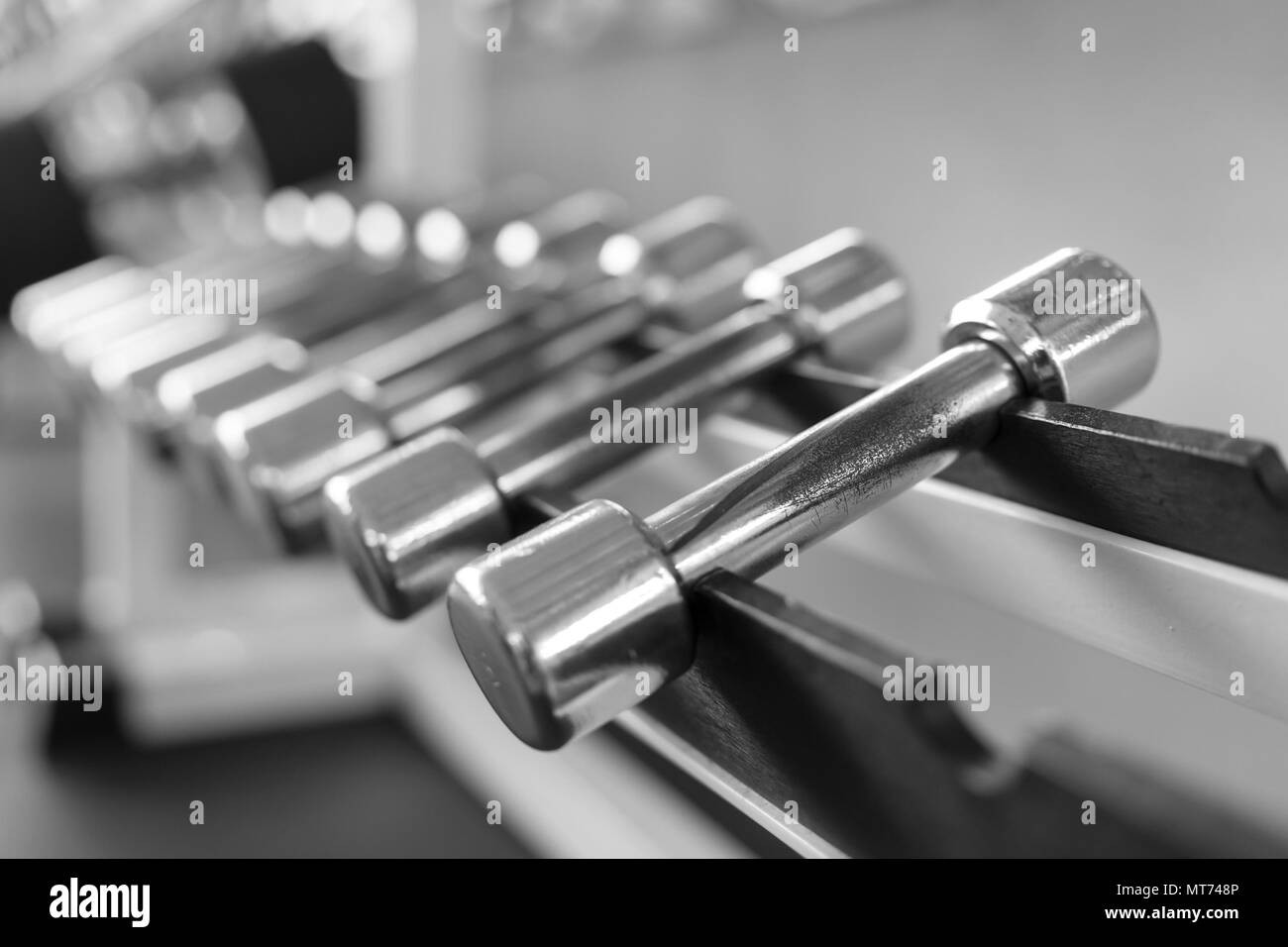 Le righe dei pesi nella palestra con altissimo contrasto luce Foto Stock