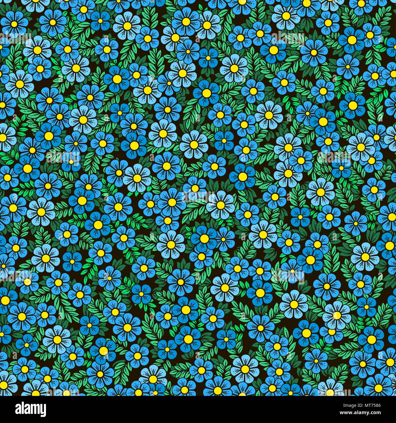 Flower pattern. Piccoli fiori blu e foglie su uno sfondo scuro. Può essere utilizzato su prodotti tessili ло Illustrazione Vettoriale