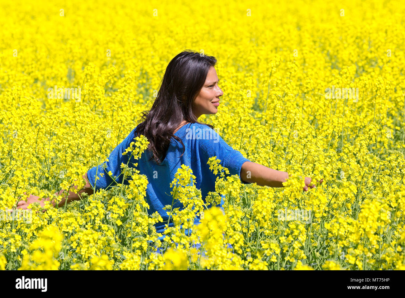 Giovanissimo colombiano donna in piedi tra i fiori in fioritura giallo campo di colza Foto Stock