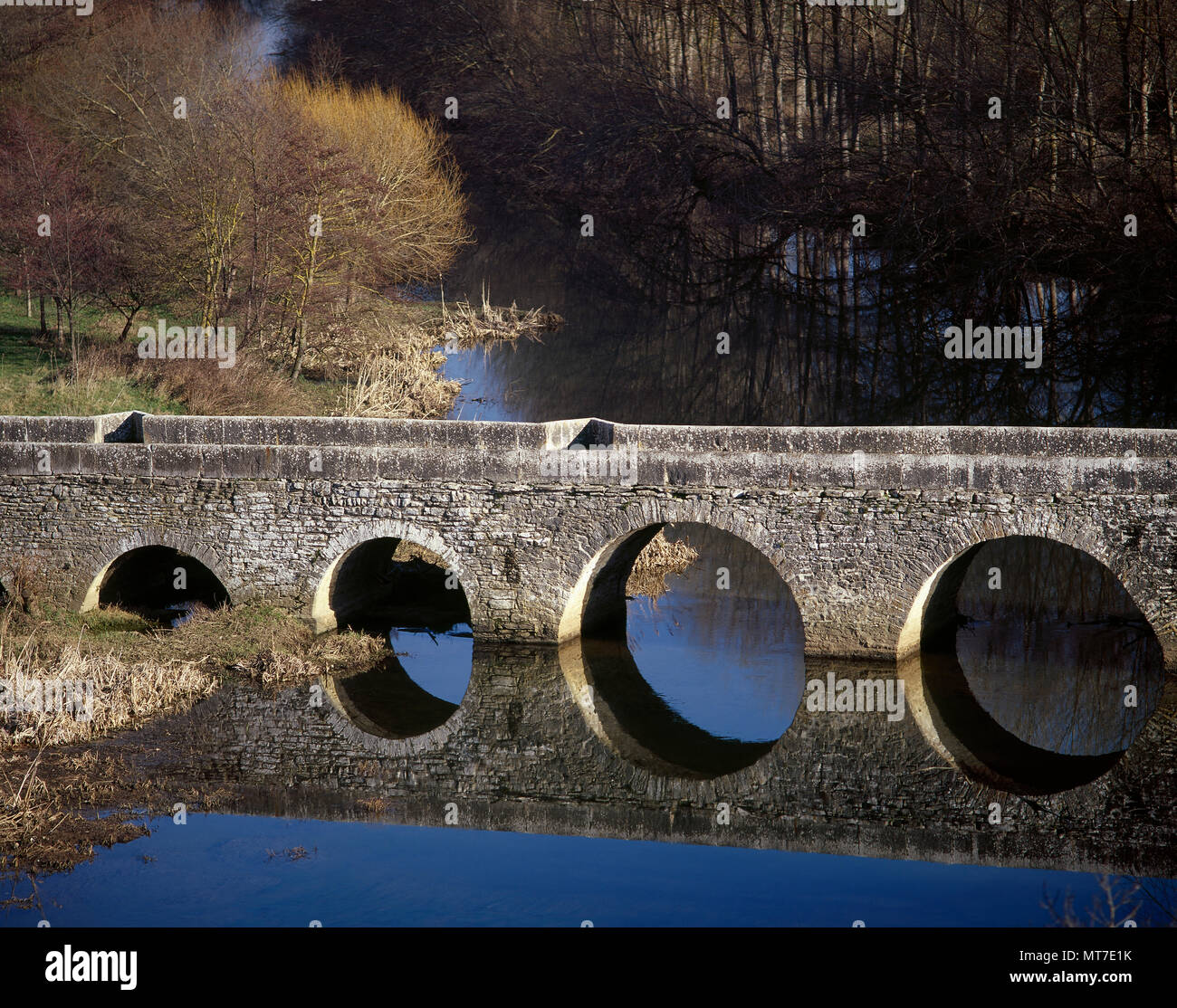 Il Trespuentes ponte sul fiume Zadorra. Con tredici arcate a tutto sesto fu costruito con pezzi di pietra e malta di calce, fatta eccezione per quelle pietre che portano l'arch. Origini romane con subsequents restauri. Dettaglio. Iruña de Oca, provincia di Alava, Paesi Baschi, Spagna. Foto Stock