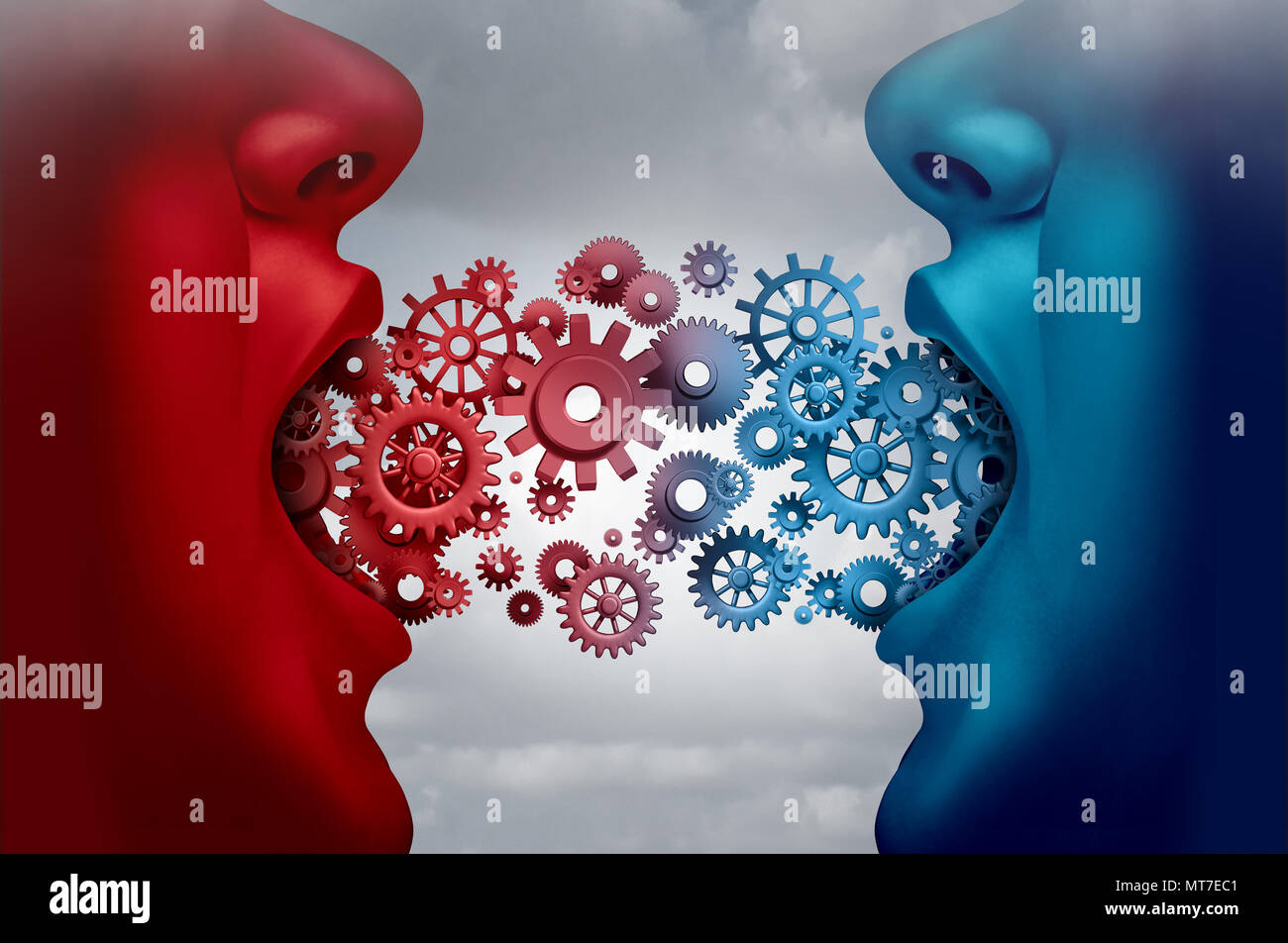 Attività di comunicazione e il concetto di accordo di lavoro come due partner aziendale in uno scambio con la macchina cog ruote con 3D'illustrazione degli elementi. Foto Stock