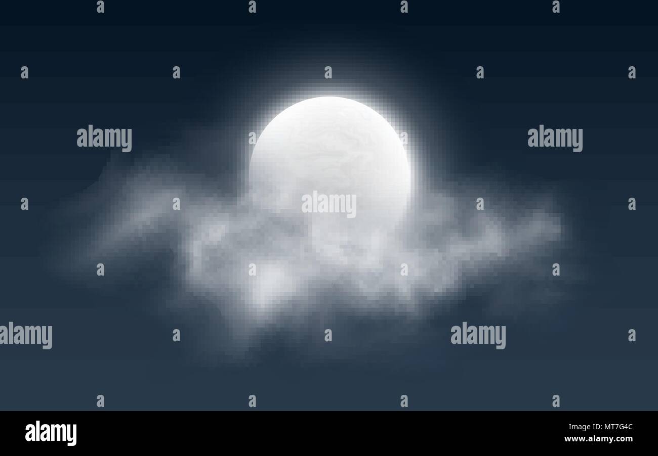 Realistica luna piena con le nuvole su uno sfondo scuro. Nebbia bianco. Cielo notturno. Incandescente luna lattiginosa. Illustrazione Vettoriale. EPS 10 Illustrazione Vettoriale