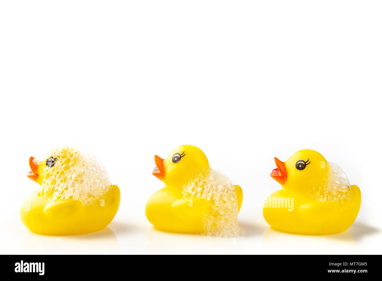 3 giallo le papere di gomma con schiuma di sapone sulle loro teste, nuoto  in una linea su sfondo bianco Foto stock - Alamy