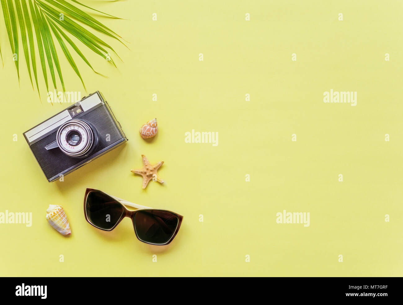 Traveler accessori: verde tropicale di foglie di palma, fotocamera, conchiglie e gli occhiali da sole sono su sfondo giallo con copy-spazio. Vista dall'alto di viaggio o va Foto Stock