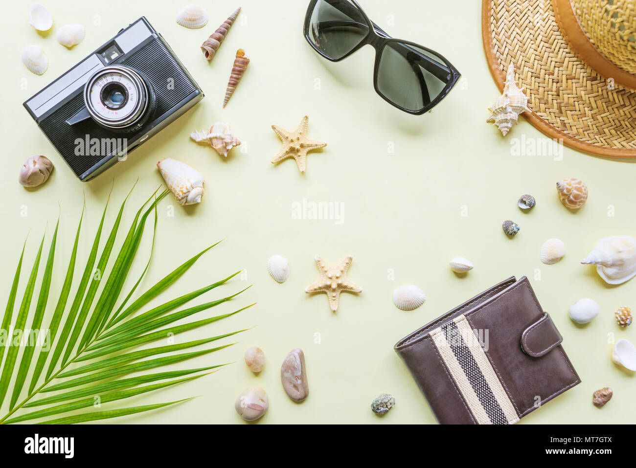 Traveler accessori: verde tropicale di foglie di palma, fotocamera, conchiglie e gli occhiali da sole sono su sfondo giallo con copy-spazio. Vista dall'alto di viaggio o va Foto Stock