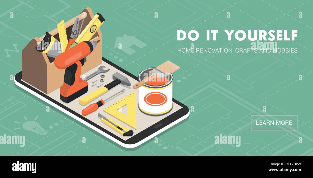Fai da te e home ristrutturazione app: toolbox e strumenti su uno smartphone con icone Illustrazione Vettoriale