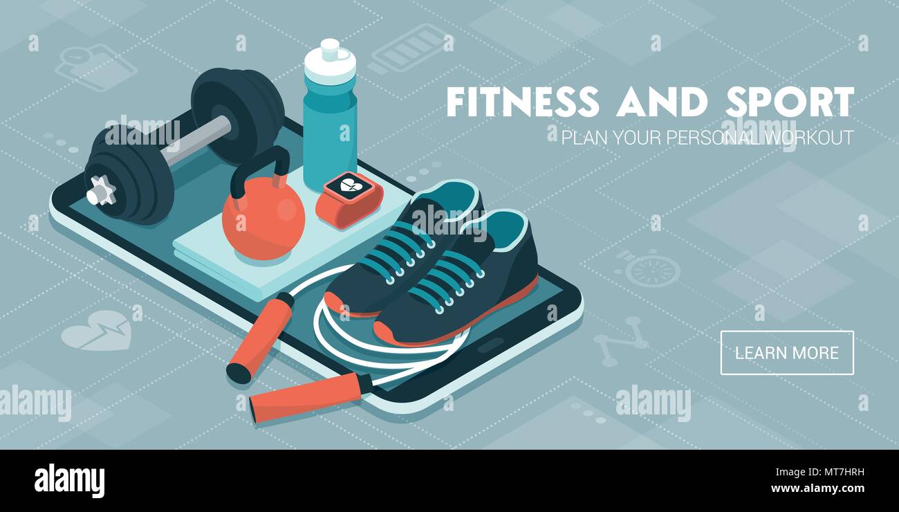 Fitness, formazione e allenamento app: attrezzature sportive e le icone su un touch screen smartphone Illustrazione Vettoriale