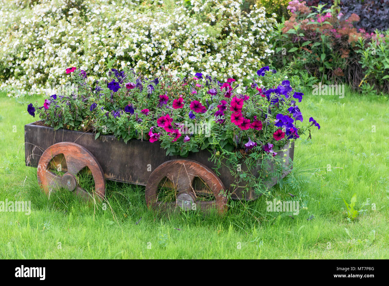 Decorativo modello Vintage in legno vecchio carrello pieno di fiori. Paesaggio Foto Stock