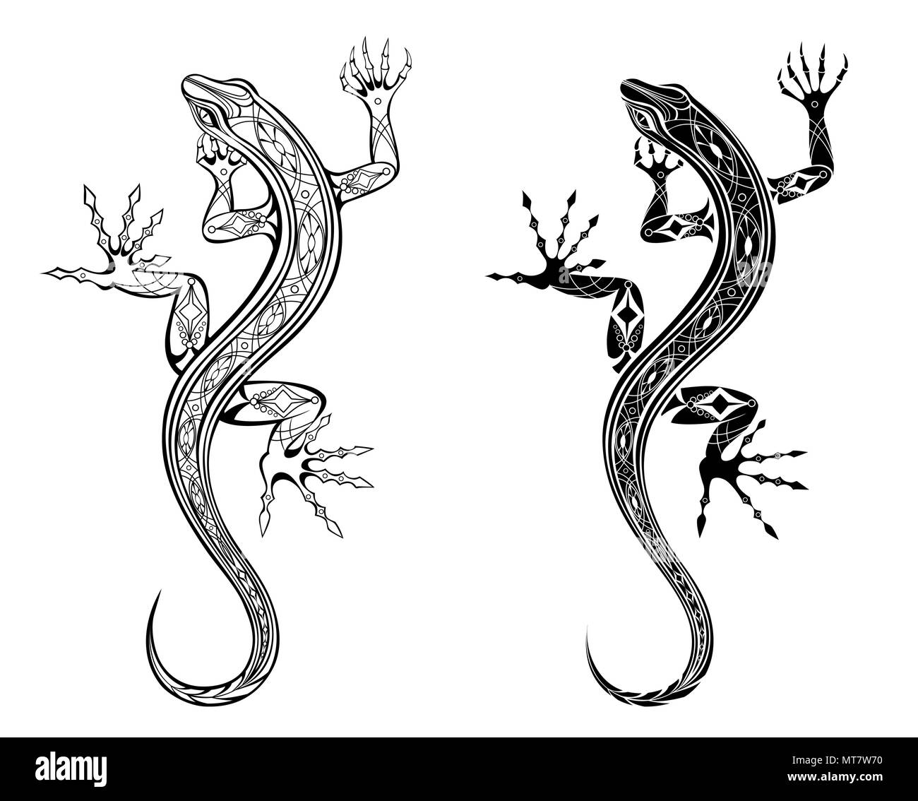 Due artisticamente disegnato, contorno, modellato lucertole su sfondo bianco. Lo stile di tatuaggio. Illustrazione Vettoriale