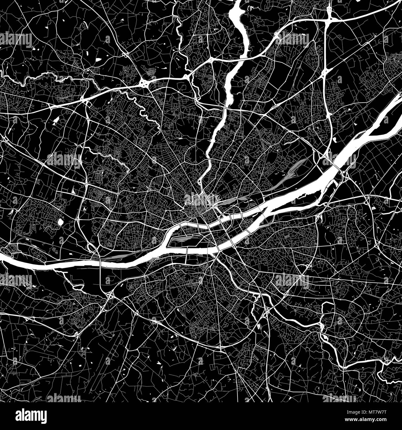Mappa della zona di Nantes, Francia. Sfondo scuro versione per una infografica e progetti di marketing. Questa mappa di Nantes, Loire-Atlantique, contiene lan tipica Illustrazione Vettoriale