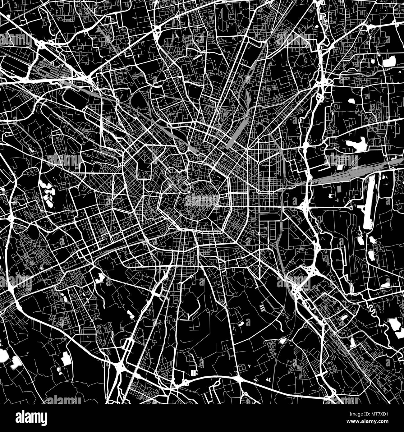 Mappa dell'area di Milano, Italia. Sfondo scuro versione per una infografica e progetti di marketing. Questa mappa di Milano, lombardia, contiene punti di riferimento tipico con Illustrazione Vettoriale