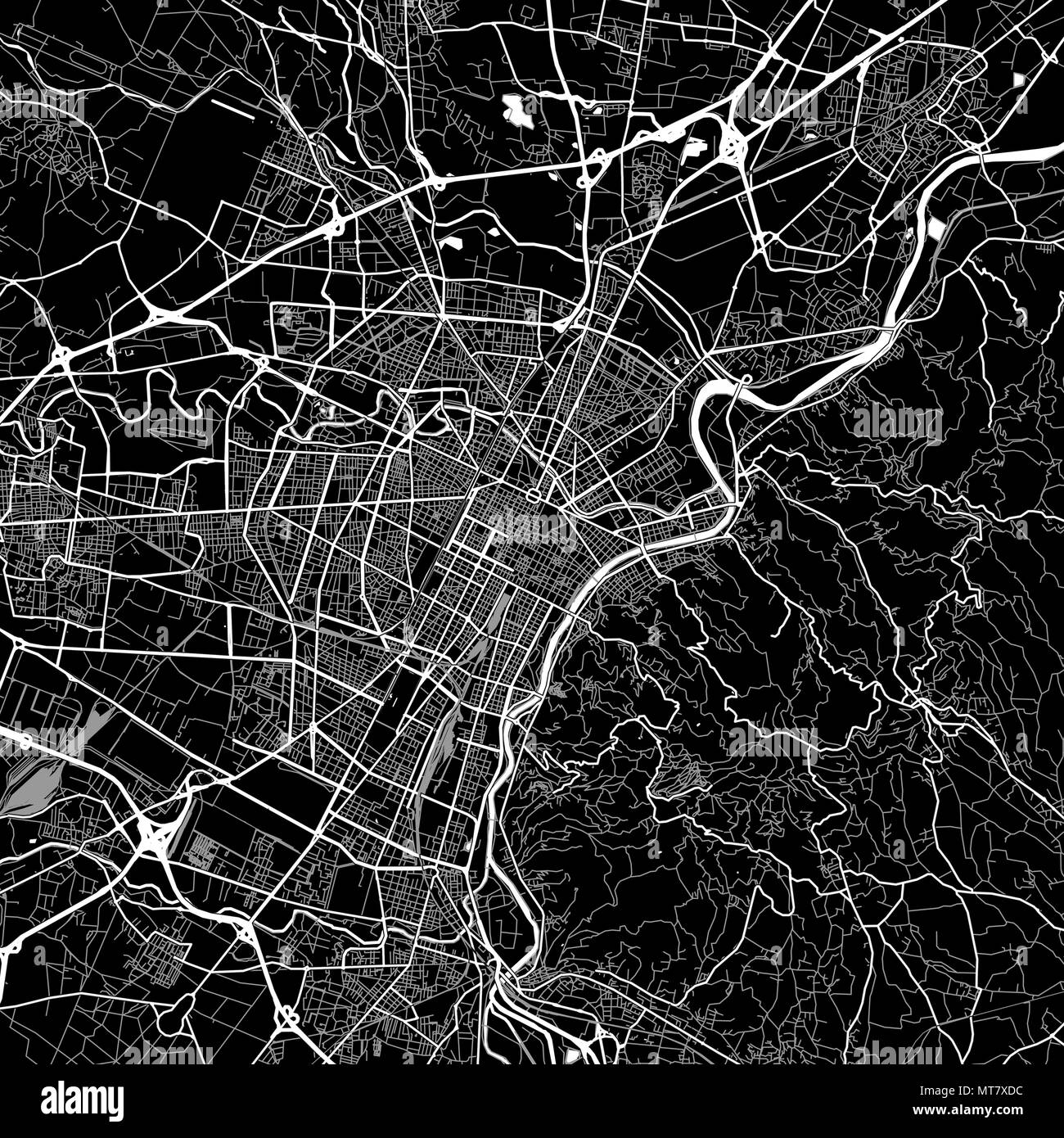Mappa della zona di Torino, Italia. Sfondo scuro versione per una infografica e progetti di marketing. Questa mappa di Torino, Piemonte, contiene punti di riferimento tipico con Illustrazione Vettoriale