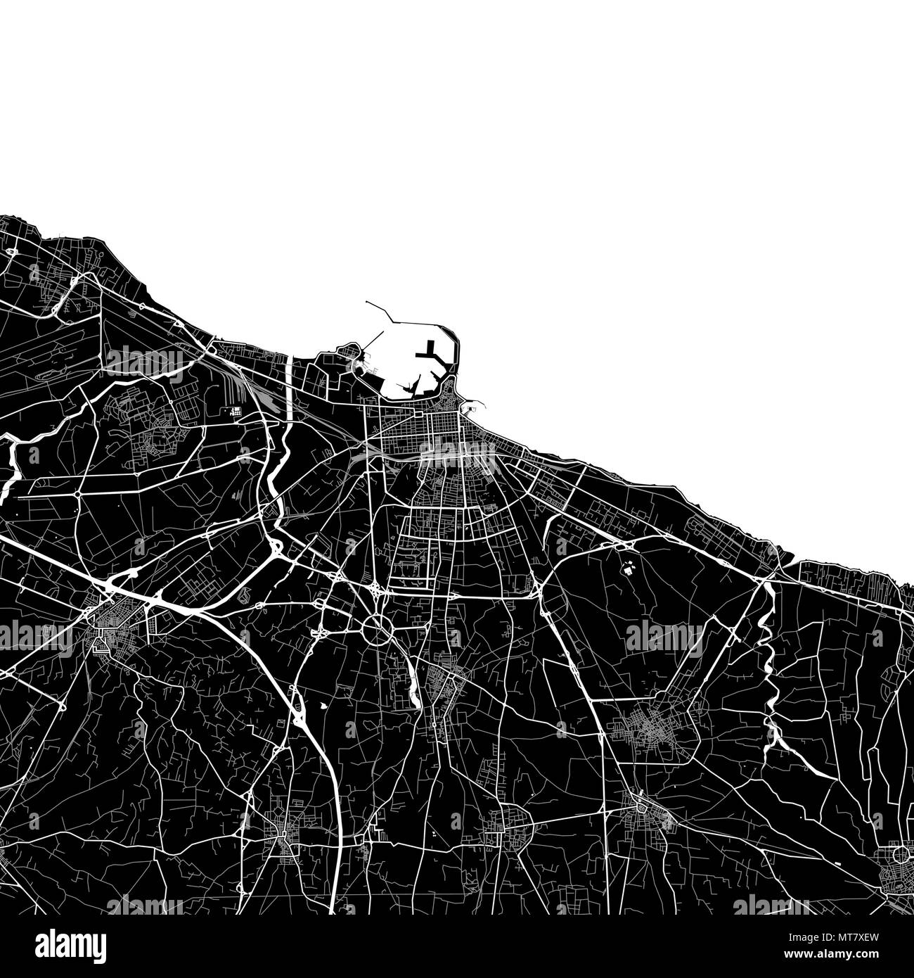 Mappa della zona di Bari, Italia. Sfondo scuro versione per una infografica e progetti di marketing. Questa mappa di bari, puglia, contiene punti di riferimento tipico con str Illustrazione Vettoriale