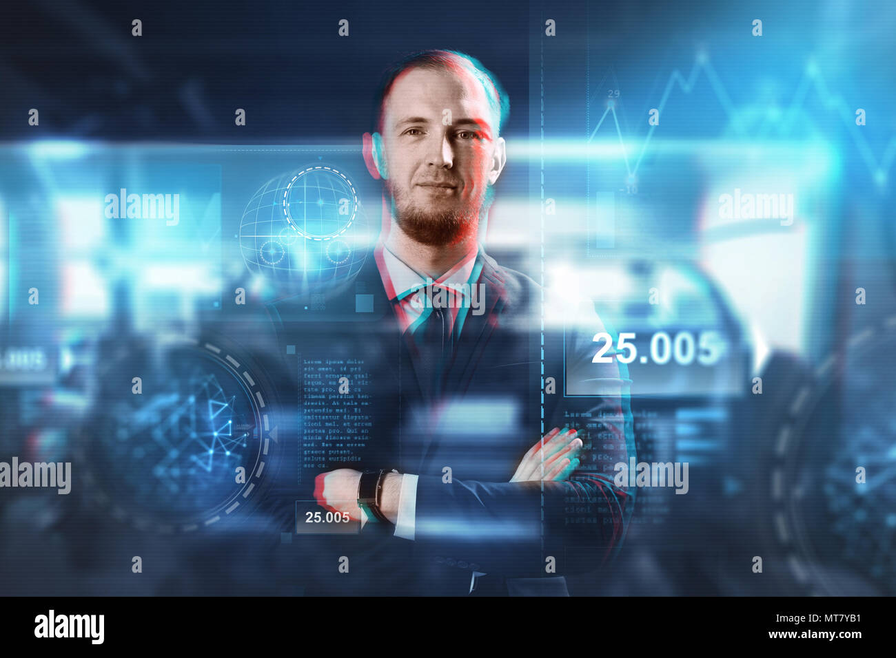 Close up di imprenditore con schermi virtuali Foto Stock