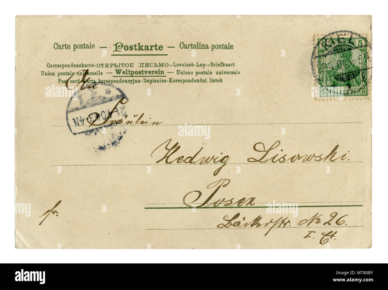 Retro dello storico tedesco cartolina (MT80B7) lettera scritta in inchiostro nero, con timbro postale chiglia, verde timbro, 1904, Schleswig-Holstein, Germania Foto Stock