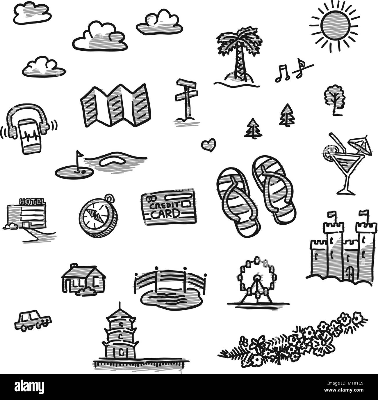 Set di icone di viaggio disegni. Disegnata a mano illustrazione vettoriale. Illustrazione Vettoriale