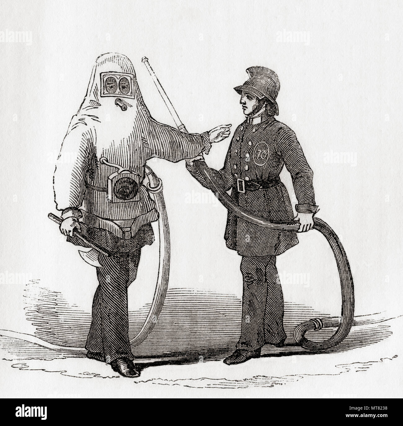 Un vigile del fuoco in abiti ignifughi, inizi del XIX secolo. Da Vecchia Inghilterra: un museo pittorico, pubblicato nel 1847. Foto Stock