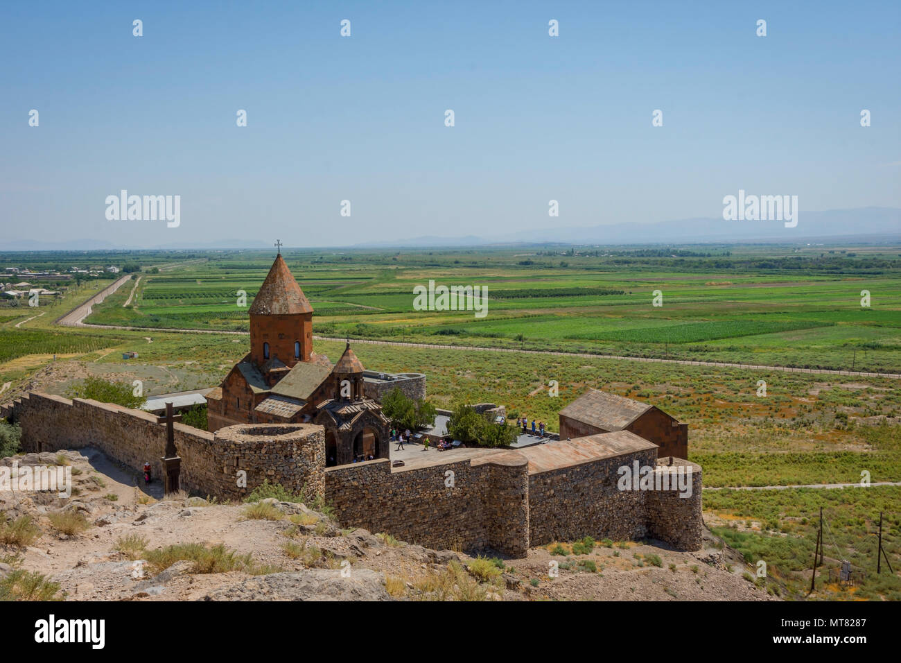 Vista su Khor Virap monastero dal VII secolo, Armenia Foto Stock