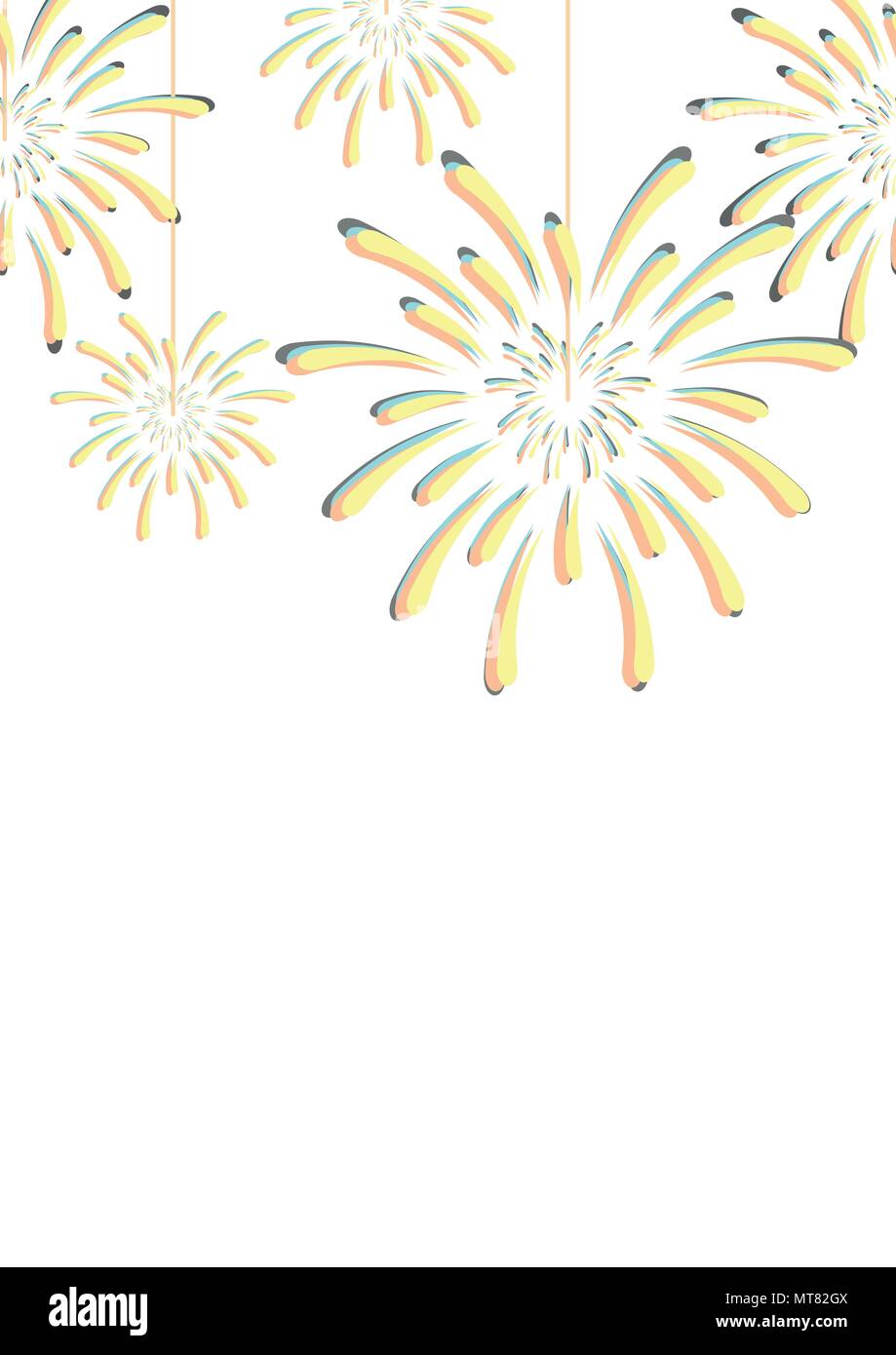 Fuochi d'artificio pendono dalla parte superiore su sfondo bianco. Seamless pattern design di sfondo nel bordo verticale per eventi celebrativi in illustrazione vettoriale. Illustrazione Vettoriale