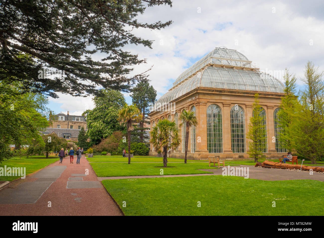 Il Victorian Tropical Palm House, la più antica serra presso il Royal Botanic Gardens, un parco pubblico a Edimburgo, Scozia. Foto Stock