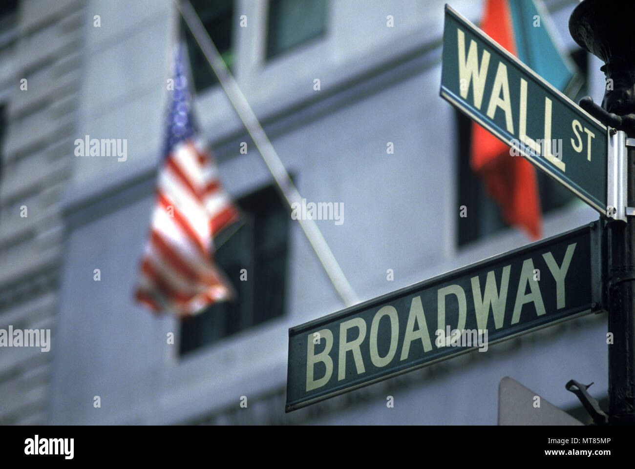 1988 Broadway storico WALL STREET intersezione strada segno il Distretto Finanziario di Manhattan A NEW YORK CITY USA Foto Stock