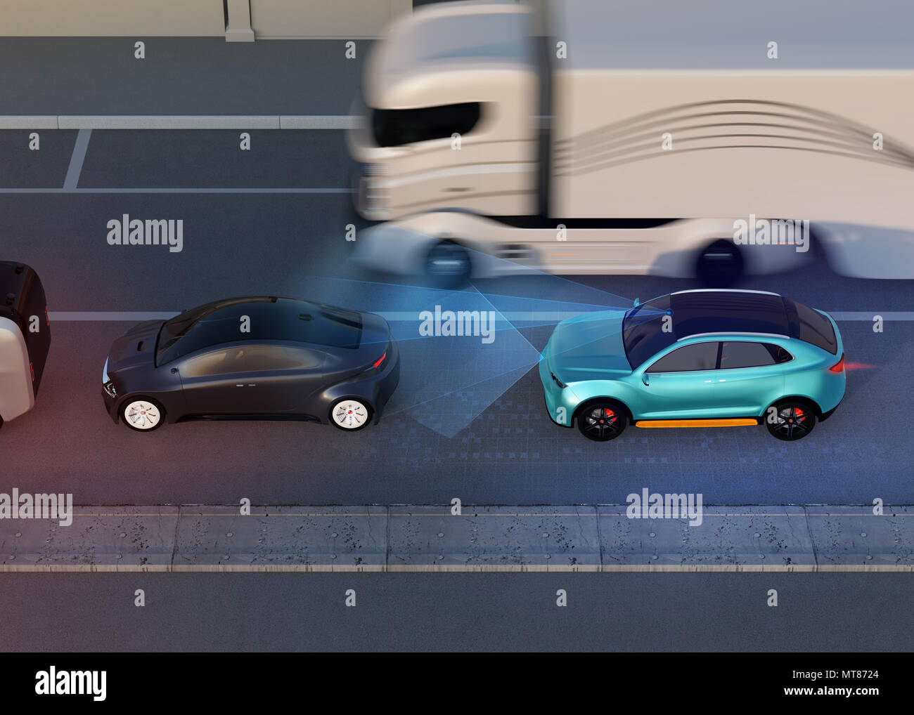 Vista laterale del SUV blu la frenata di emergenza per evitare un incidente d'auto. Automatico la frenatura di emergenza del concetto. Scena notturna. Il rendering 3D'immagine. Foto Stock