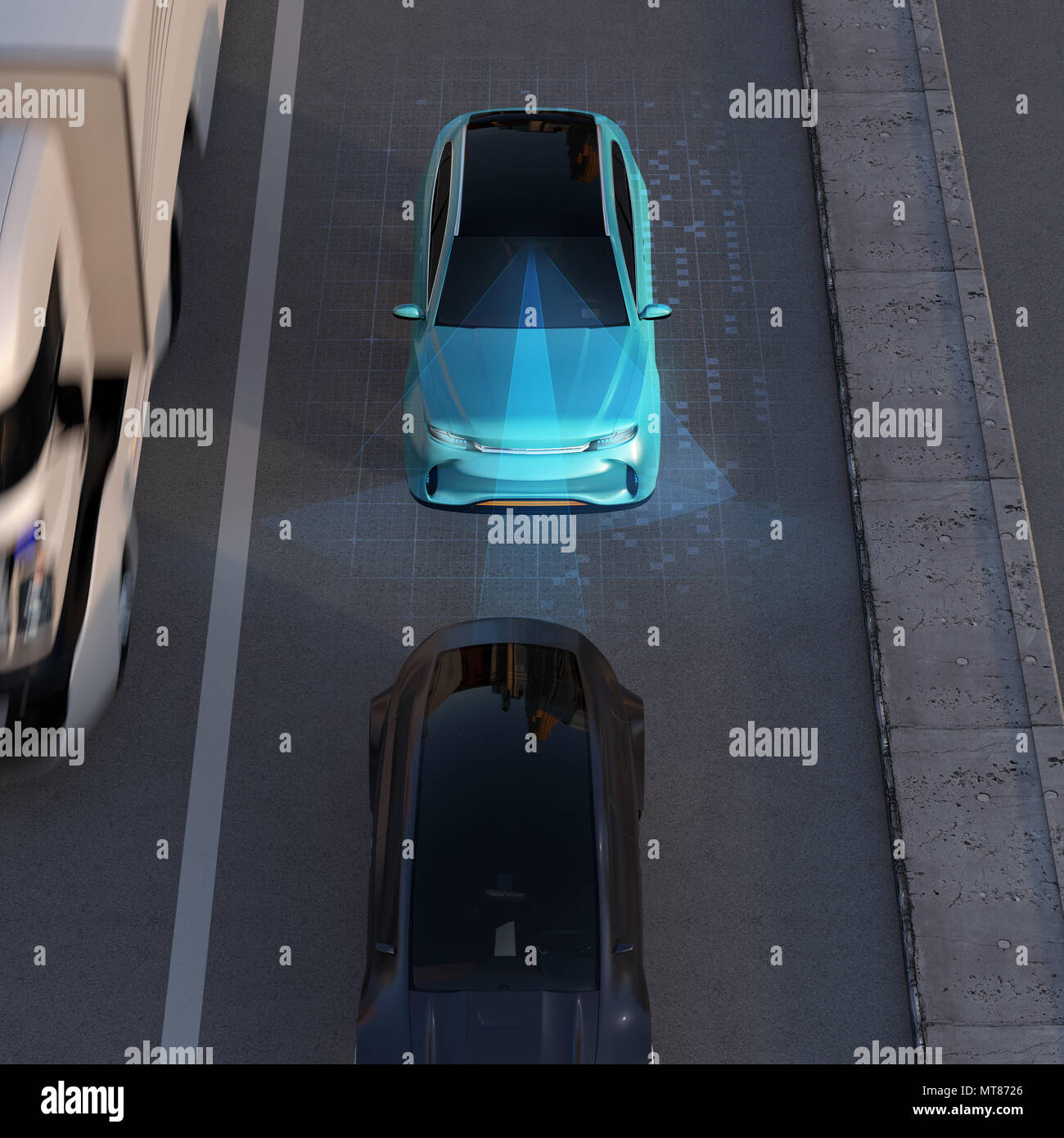 Vista frontale del SUV blu la frenata di emergenza per evitare un incidente d'auto. Automatico la frenatura di emergenza del concetto. Scena notturna. Il rendering 3D'immagine. Foto Stock