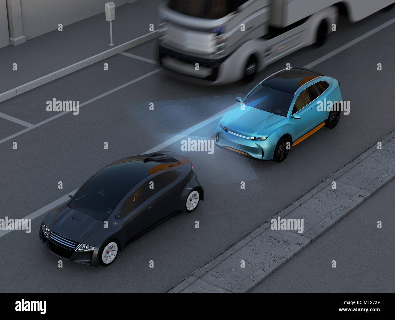 SUV blu la frenata di emergenza per evitare un incidente d'auto. Automatico di frenata di emergenza (freno di emergenza) concetto. Scena notturna. Il rendering 3D'immagine. Foto Stock