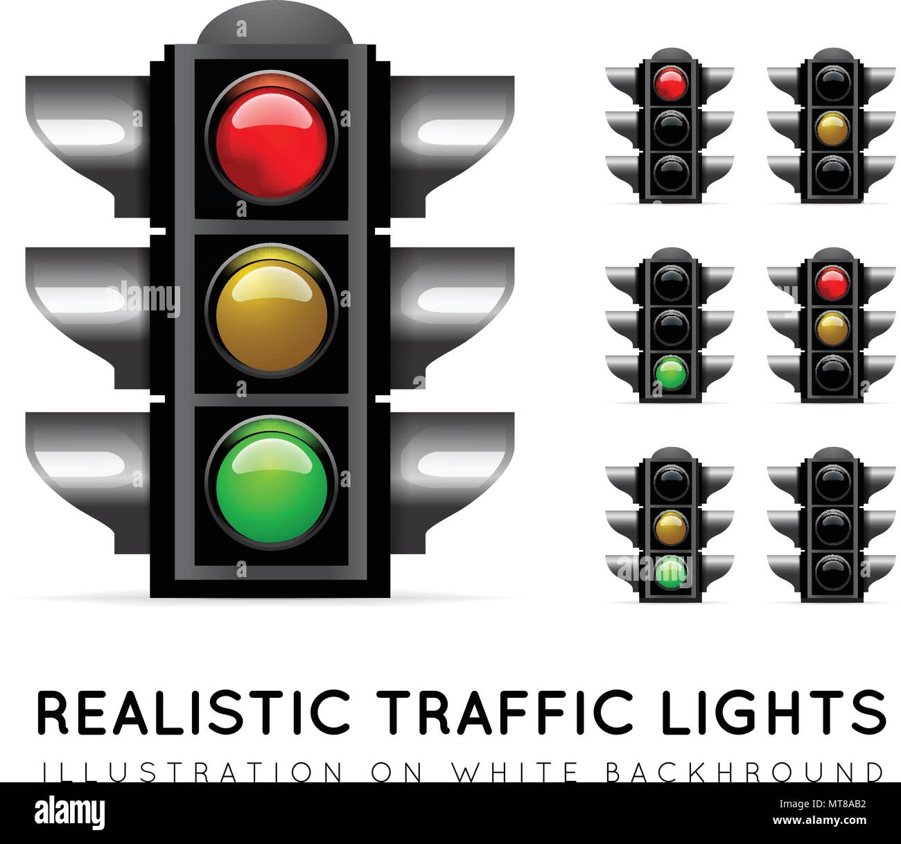 Traffico realistico luce su uno sfondo bianco, in diverse varianti di colore. Luce di arresto illustrazione vettoriale Illustrazione Vettoriale