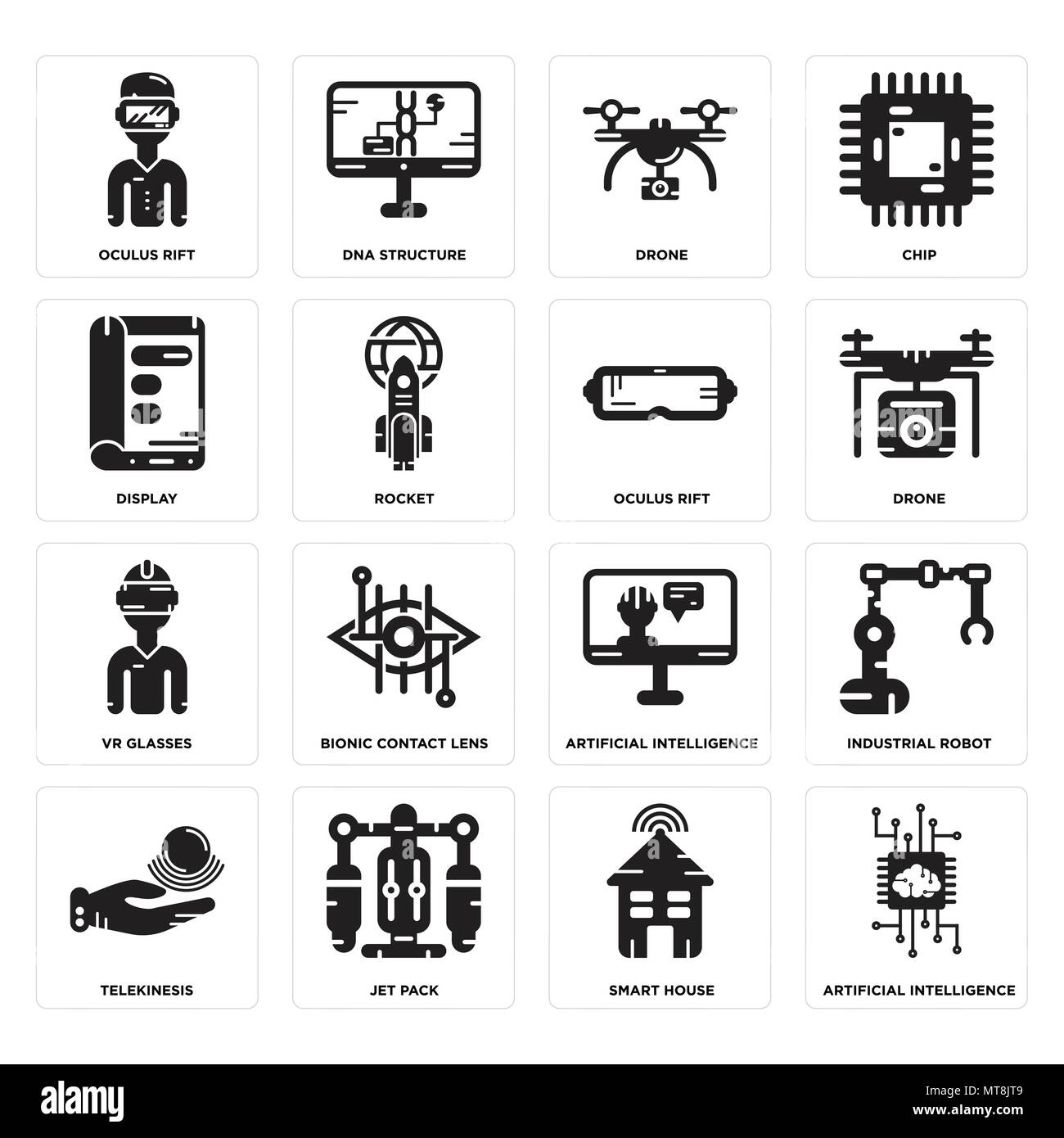 Set di 16 semplici icone modificabili come l'intelligenza artificiale, Smart house, Jet pack, telecinesi, robot industriali, occhio rift, Display, glasse Vr Illustrazione Vettoriale