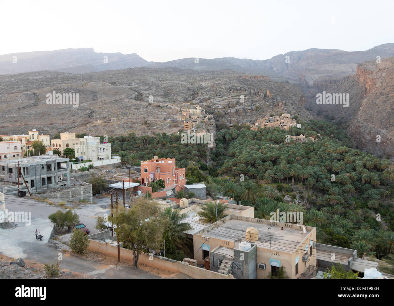 Nuove case costruite nella parte anteriore di un'oasi, Ad Dakhiliyah Regione, Misfat al Abriyyin, Oman Foto Stock