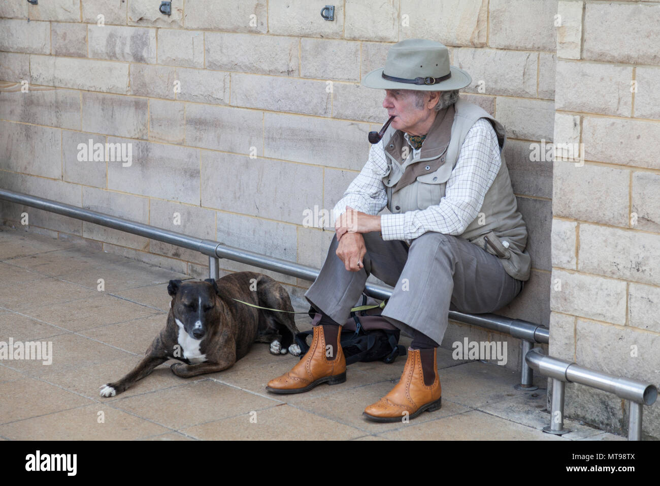 Un senior man,con un tubo nella sua bocca, sedette al di fuori di un negozio con il suo vecchio cane dal suo lato a Barnard Castle,l'Inghilterra,UK Foto Stock