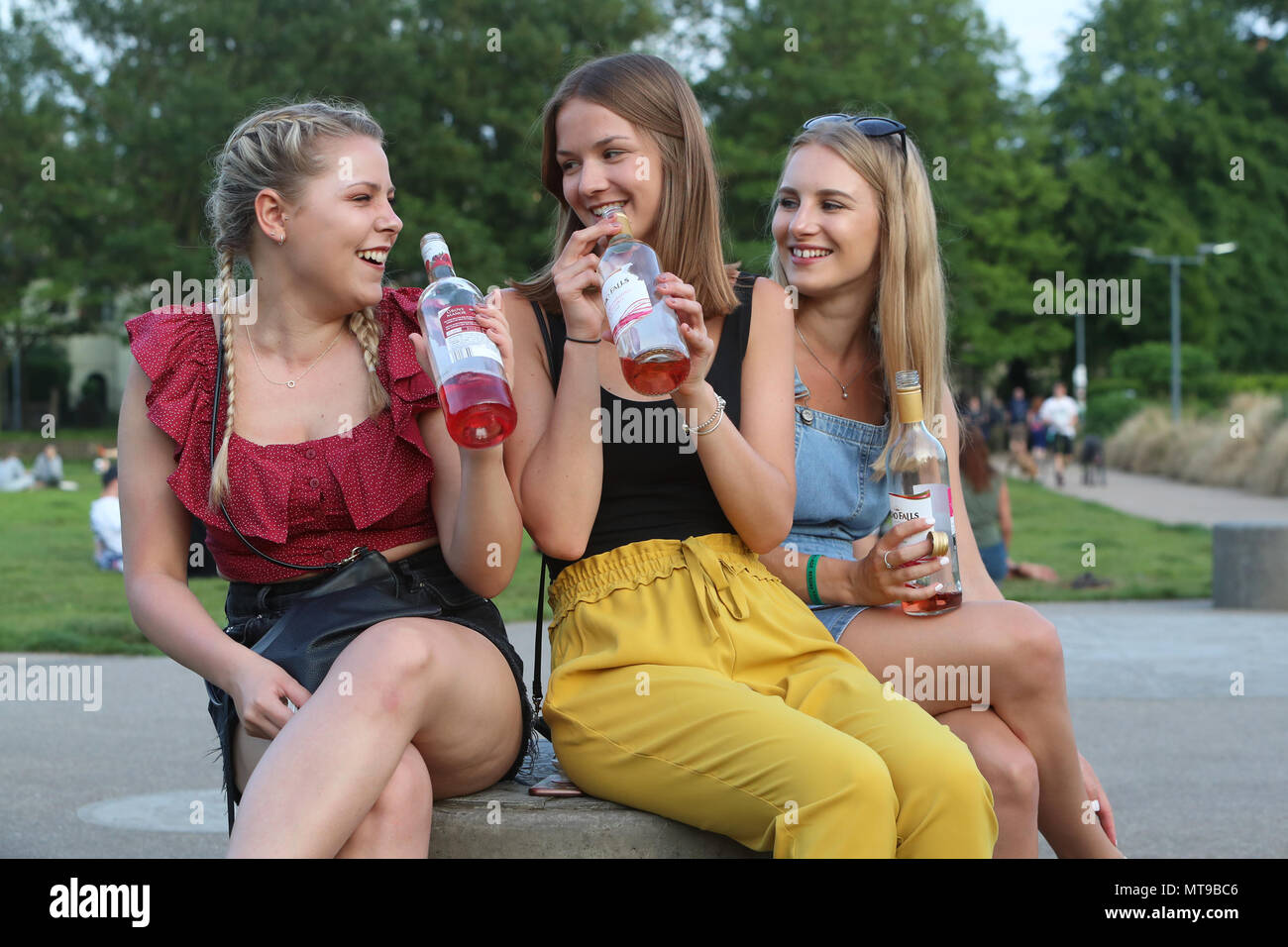 Tre giovani donne di bere vino in un parco di Brighton Foto Stock