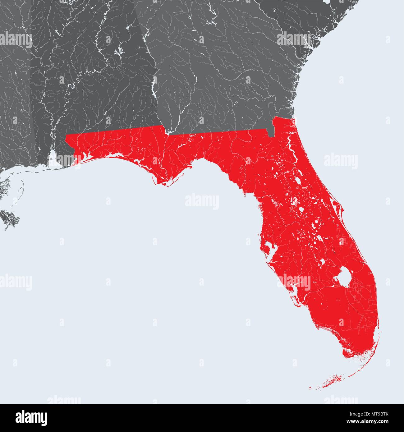 Stati Uniti - mappa della Florida. Fatto a mano. I fiumi e i laghi sono mostrati. Si prega di guardare le mie altre immagini della serie cartografica - sono tutti molto detaile Illustrazione Vettoriale