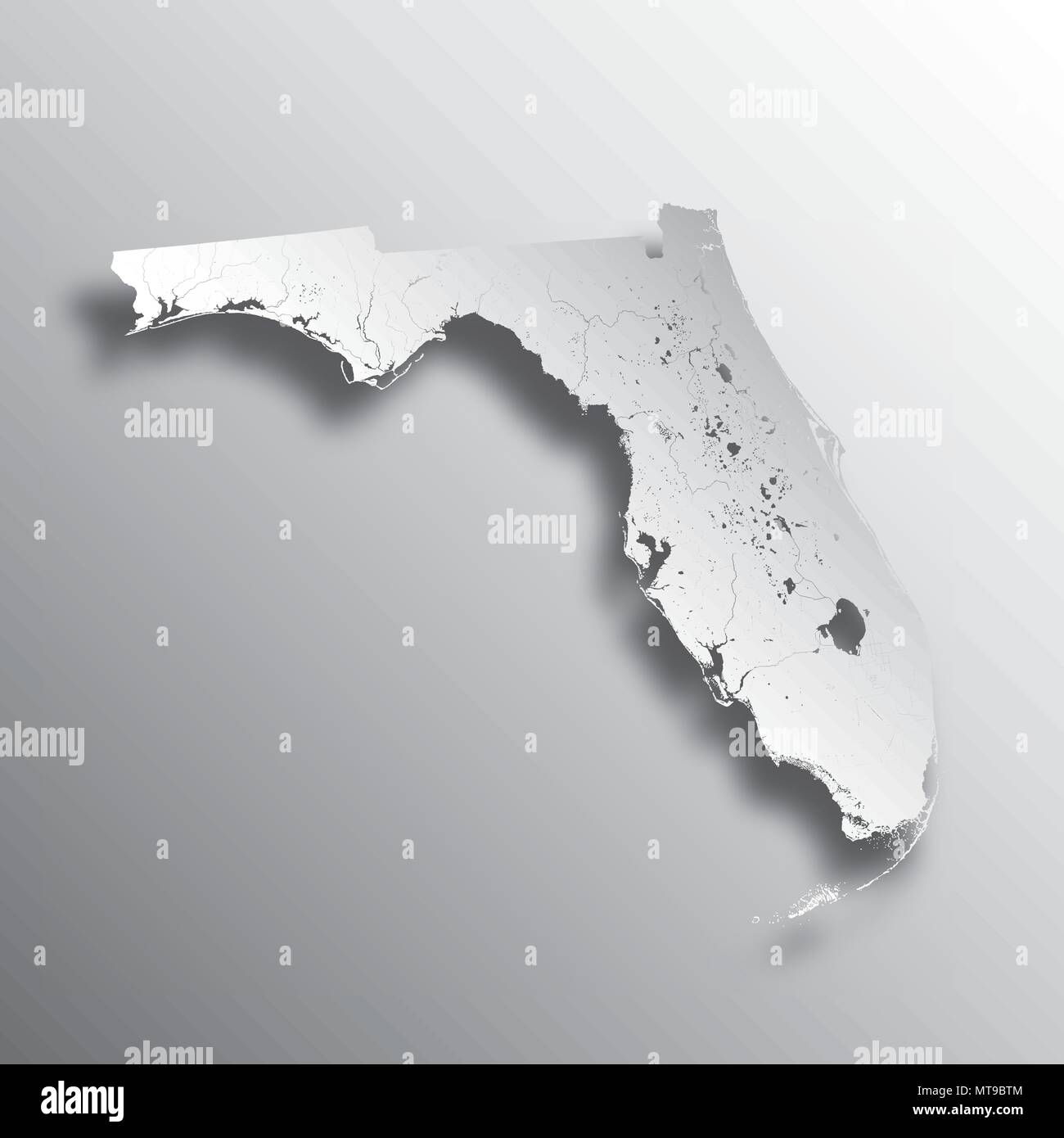 Stati Uniti - mappa della Florida con carta effetto di taglio. Fatto a mano. I fiumi e i laghi sono mostrati. Si prega di guardare le mie altre immagini della serie cartografica - il Illustrazione Vettoriale