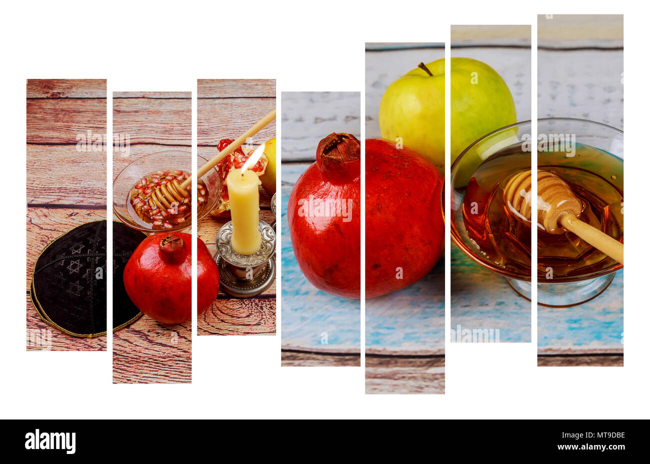 Festa ebraica di Rosh hashanah jewish Anno Nuovo Concetto di vacanza. Simboli tradizionali Foto Stock