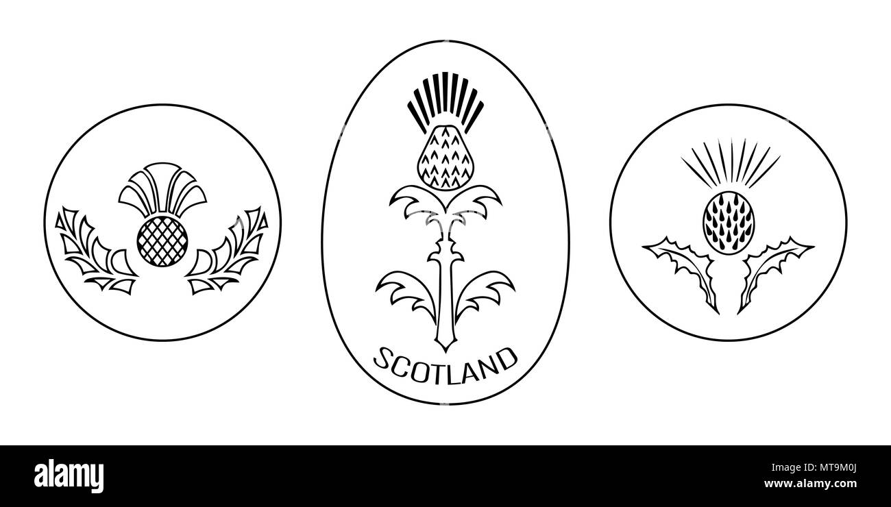 Giorno di indipendenza della Scozia. 24 giugno. Concetto di una festività nazionale. Rotondo e ovale emblema con un thistle. In bianco e nero Illustrazione Vettoriale
