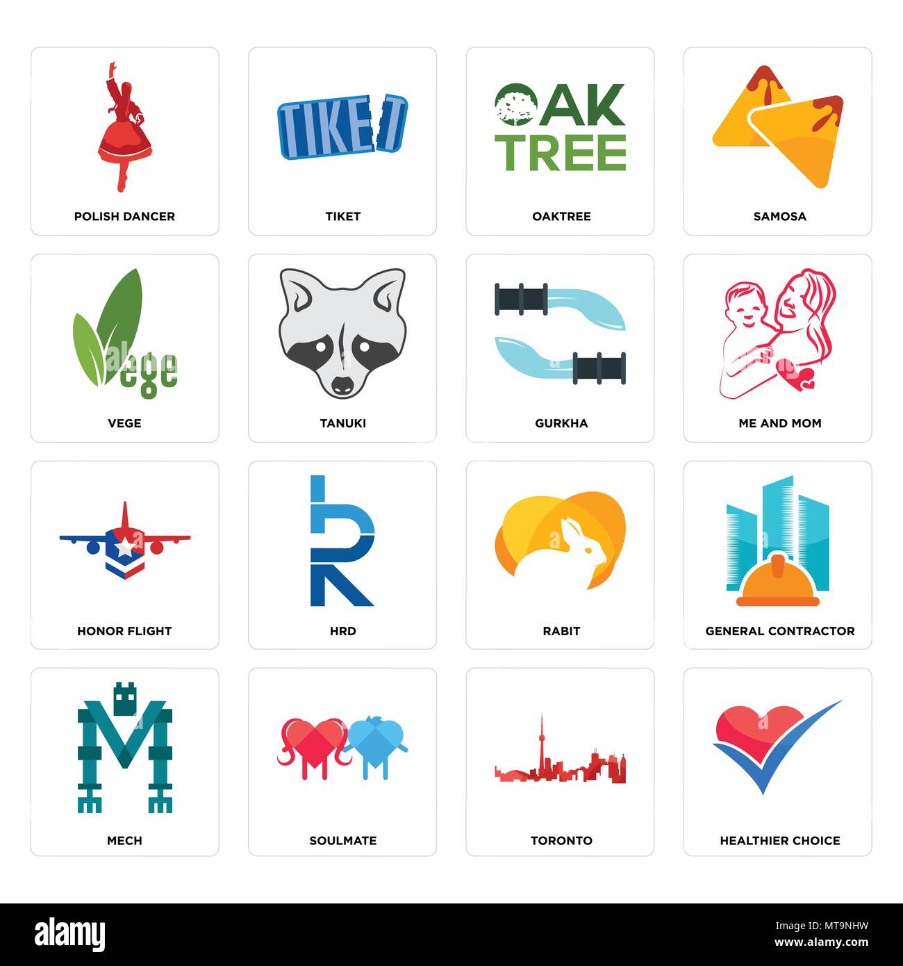Set di 16 semplici icone modificabile come scelta più salutare, Toronto, soulmate, mech, general contractor, ballerino polacco, vege, onore volo, gurkha can b Illustrazione Vettoriale