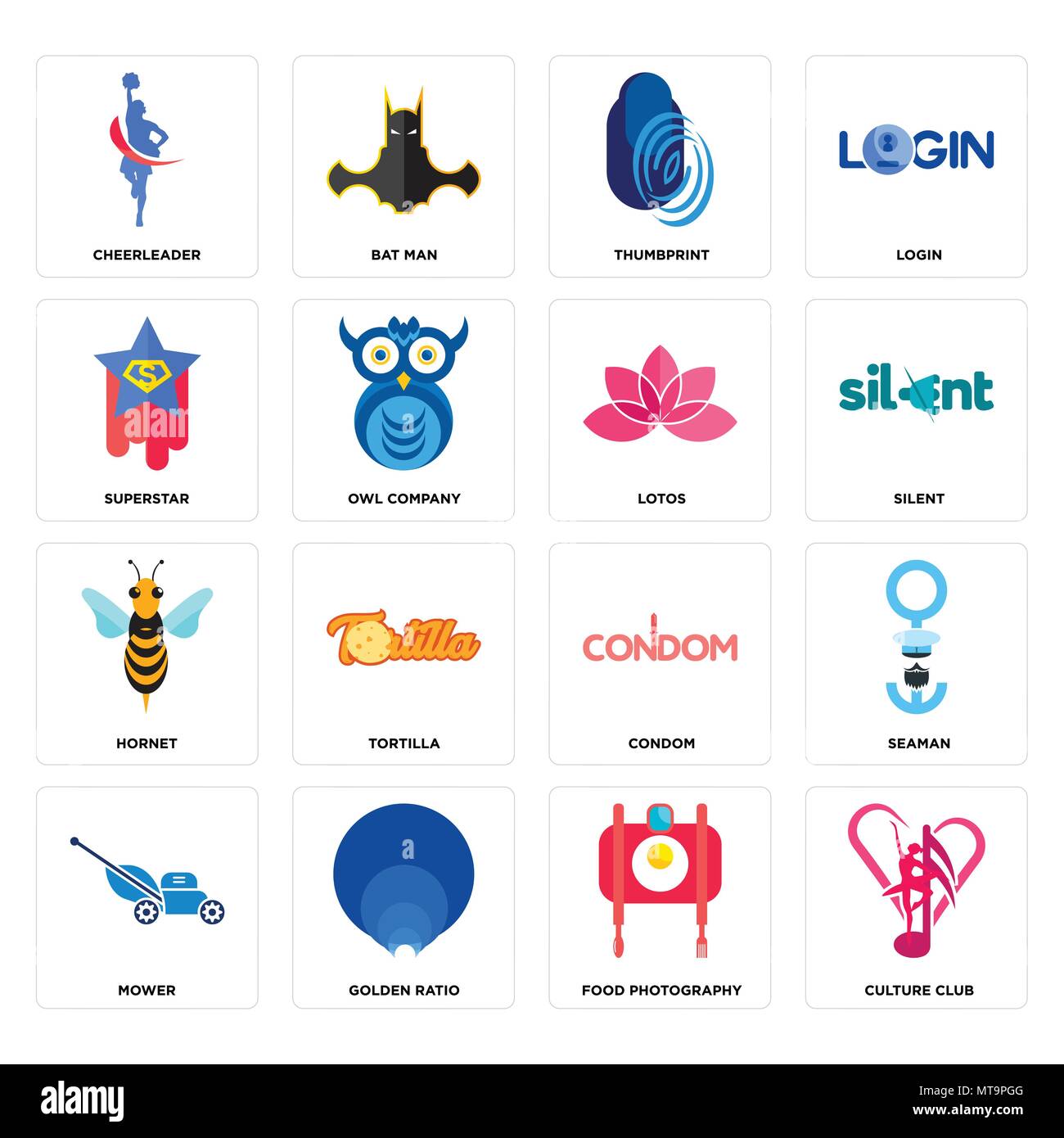 Set di 16 semplici icone modificabili come ad esempio la cultura club, cibo fotografia, rapporto aureo, falciatrice, marinaio, cheerleader, superstar, hornet, lotos può essere utilizzato Illustrazione Vettoriale