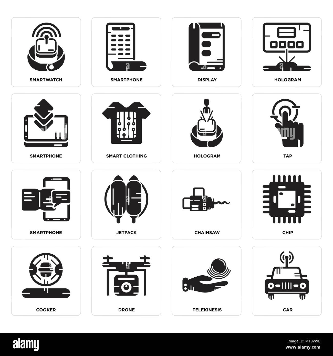 Set di 16 semplici icone modificabili quali car, telecinesi, fuco, fornello, Chip, Smartwatch, Smartphone, ologramma può essere utilizzato per il mobile, l'interfaccia utente web Illustrazione Vettoriale
