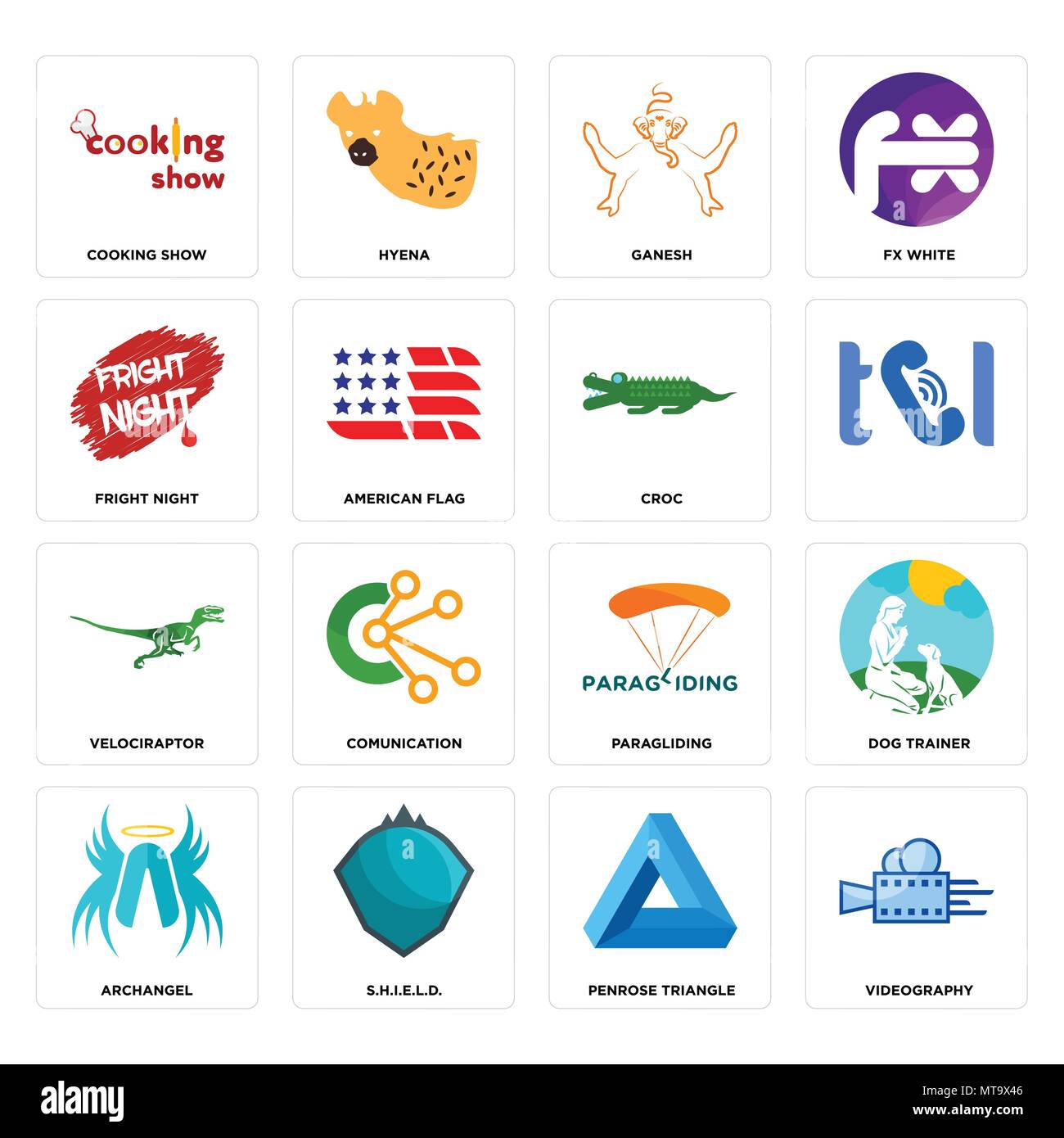 Set di 16 semplici icone modificabili quali videografia, triangolo di penrose, s.h.cioè l.d., arcangelo, cane trainer, cucina show cooking, spavento notturno, velociraptor, Illustrazione Vettoriale