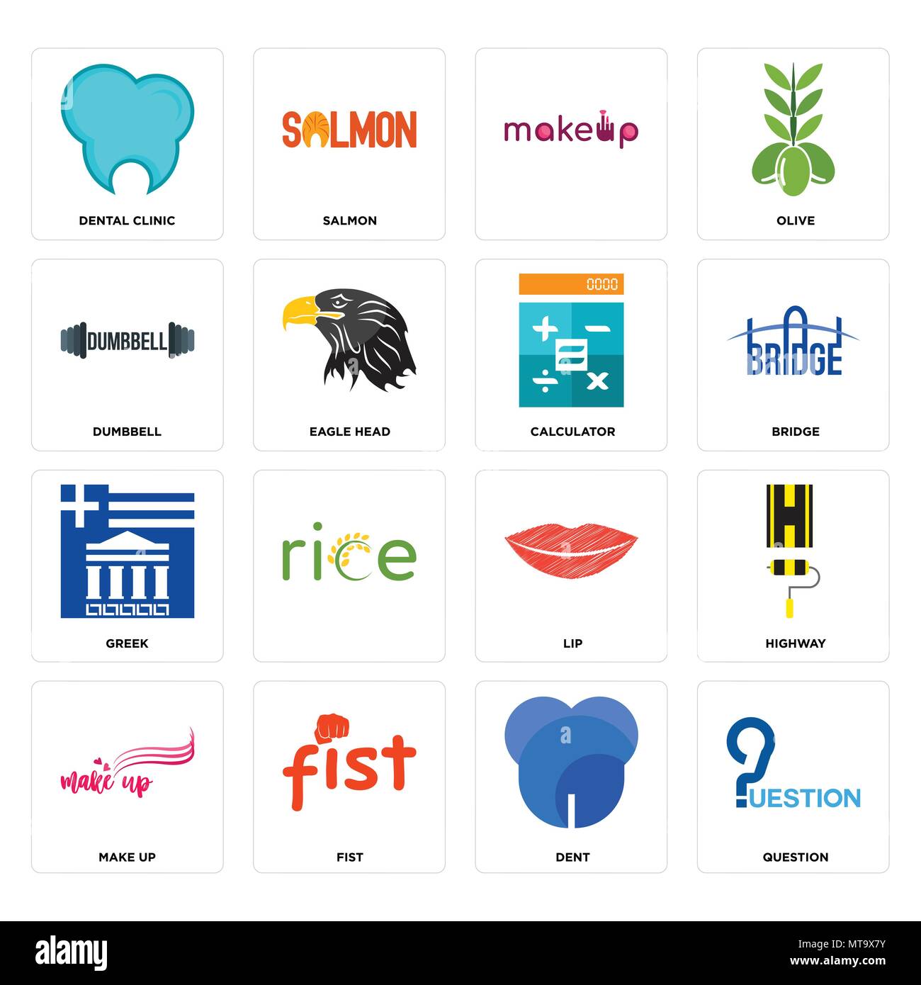 Set di 16 semplici icone modificabile come questione, ammaccature, pugno, make up, autostrada, clinica dentale, dumbbell, greca, la calcolatrice può essere utilizzata per il mobile, web Illustrazione Vettoriale